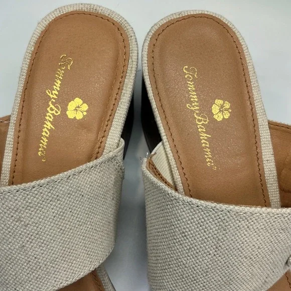 Tommy Bahama Trista Oatmeal Textile‎ Upper Block 2.5" Heel Sandals Womens 8M - Picture 4 of 7